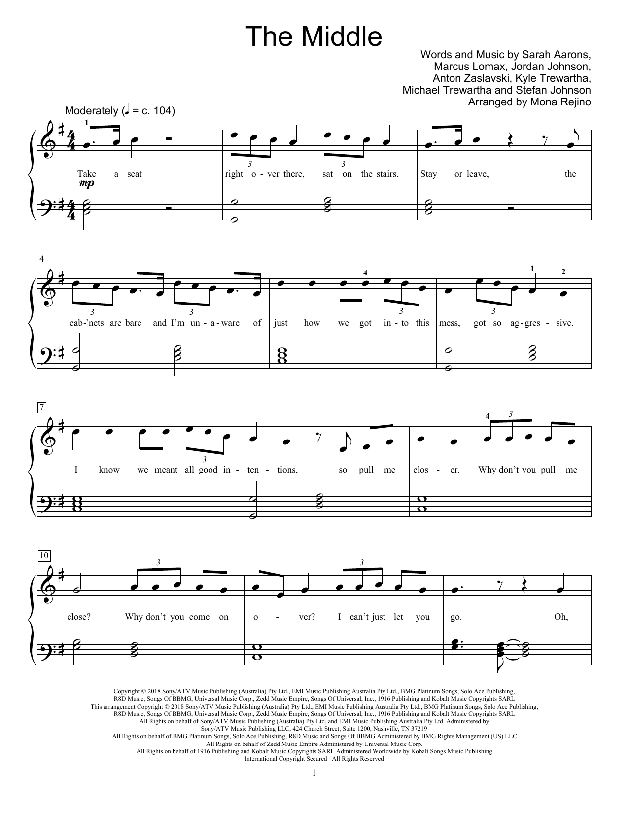 Zedd, Maren Morris & Grey The Middle (arr. Mona Rejino) Sheet Music Notes & Chords for Educational Piano - Download or Print PDF