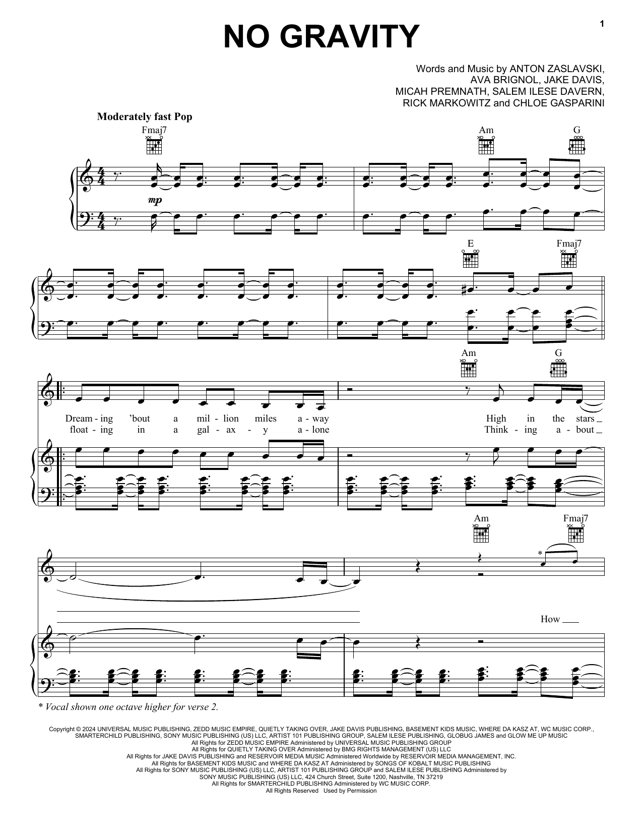 Zedd No Gravity (feat. Bava) Sheet Music Notes & Chords for Piano, Vocal & Guitar Chords (Right-Hand Melody) - Download or Print PDF