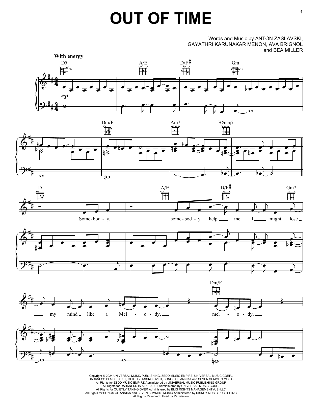 Zedd Out Of Time (feat. Bea Miller) Sheet Music Notes & Chords for Piano, Vocal & Guitar Chords (Right-Hand Melody) - Download or Print PDF