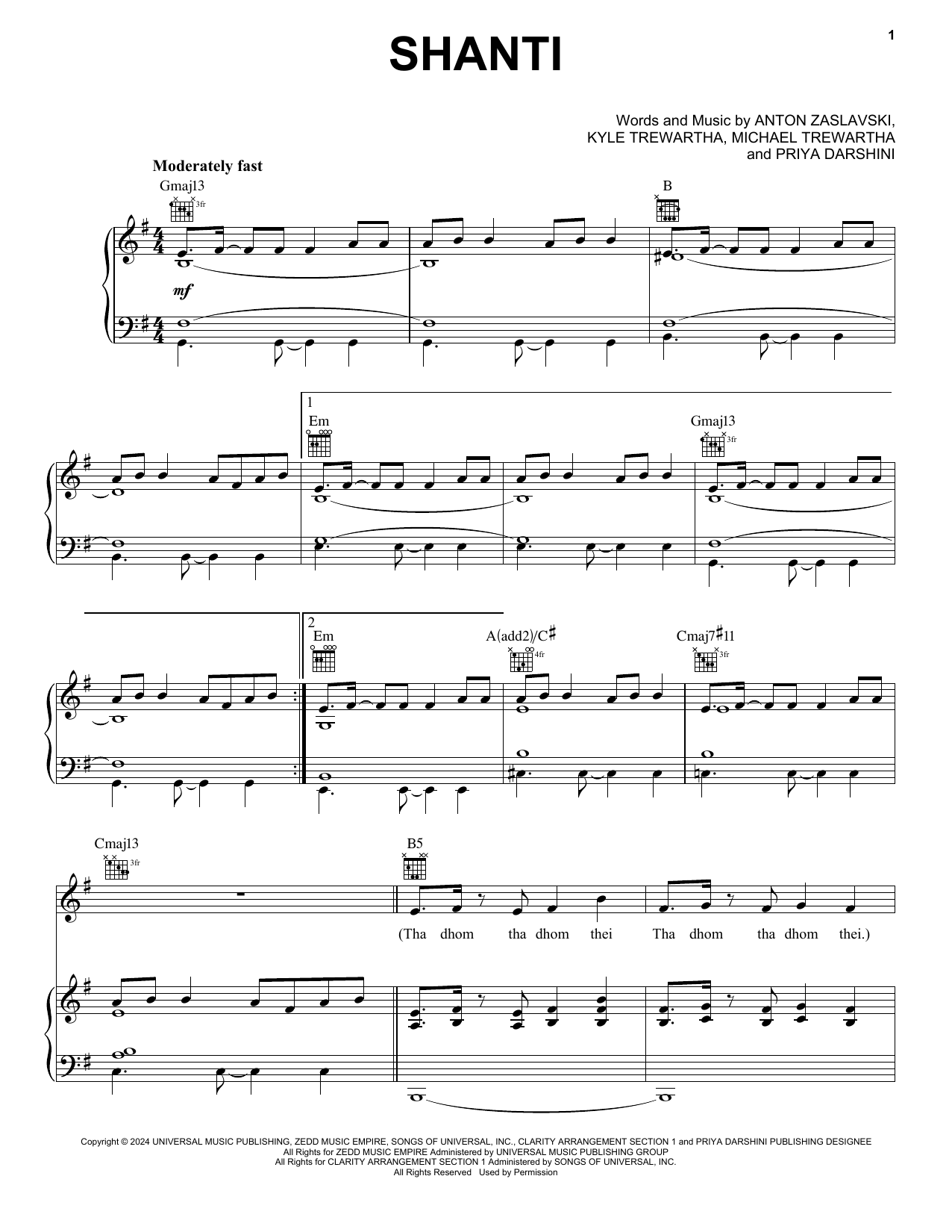 Zedd Shanti Sheet Music Notes & Chords for Piano, Vocal & Guitar Chords (Right-Hand Melody) - Download or Print PDF