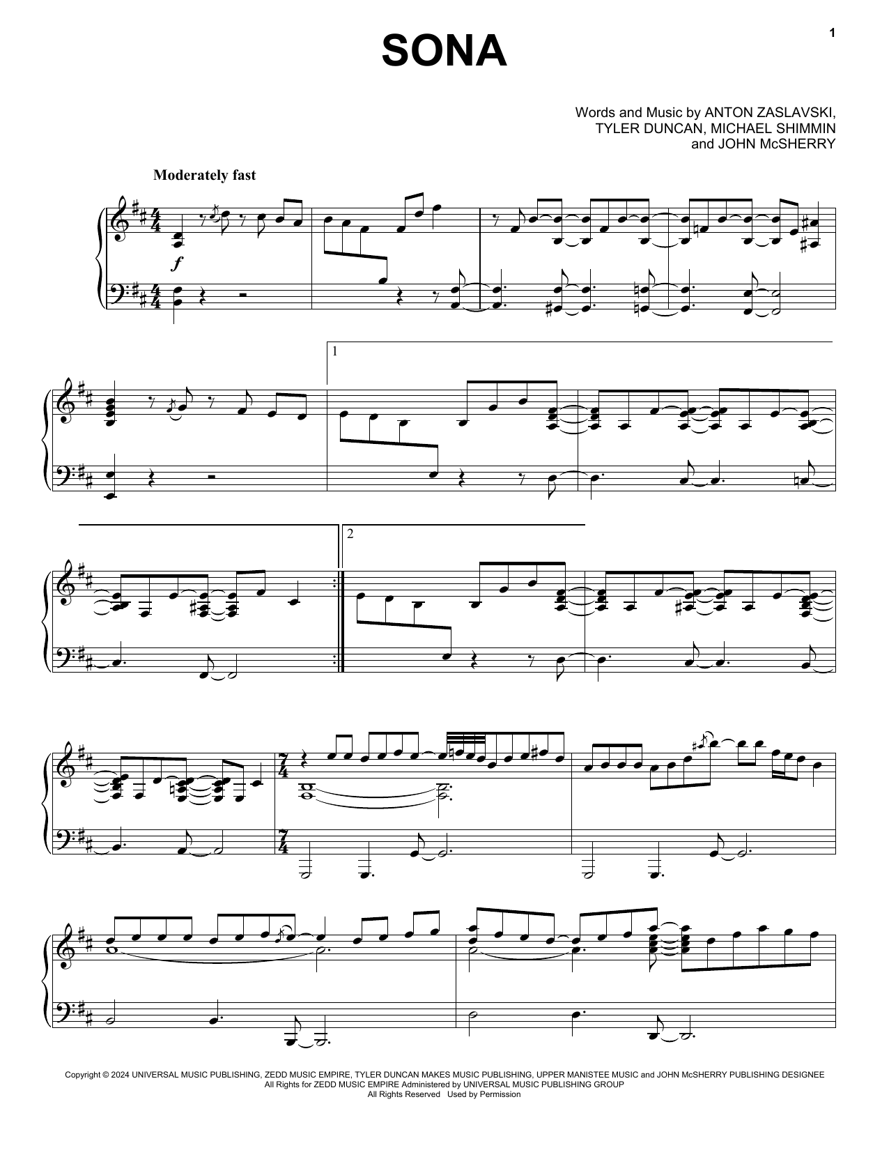 Zedd Sona (feat. The Olllam) Sheet Music Notes & Chords for Piano Solo - Download or Print PDF