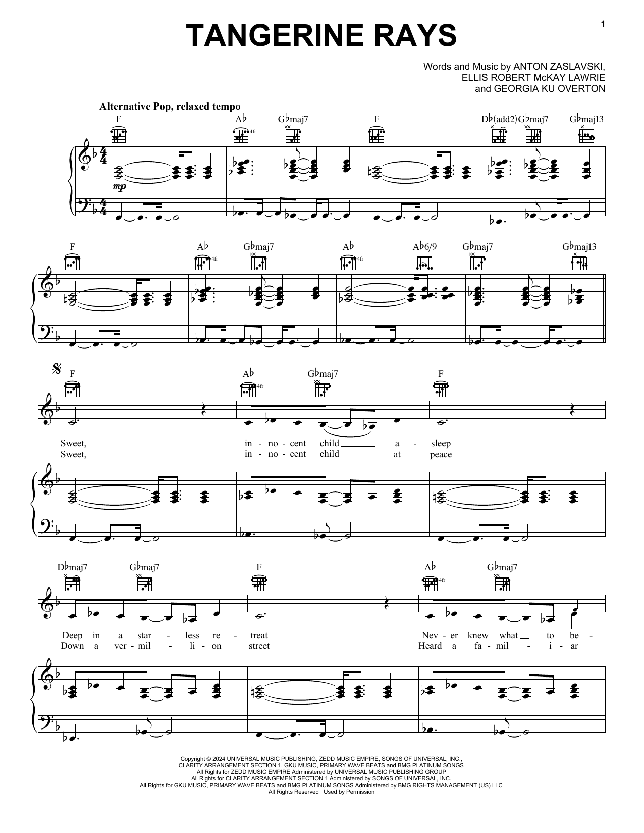 Zedd Tangerine Rays (feat. Bea Miller) Sheet Music Notes & Chords for Piano, Vocal & Guitar Chords (Right-Hand Melody) - Download or Print PDF