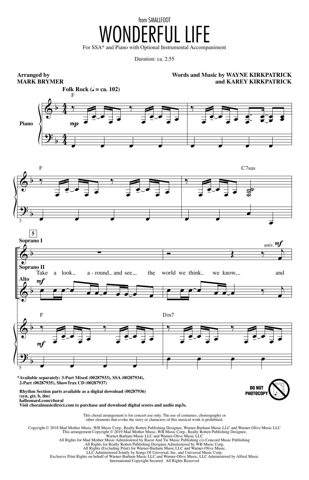 Zendaya Wonderful Life (from Smallfoot) (arr. Mark Brymer) Sheet Music Notes & Chords for SSA Choir - Download or Print PDF