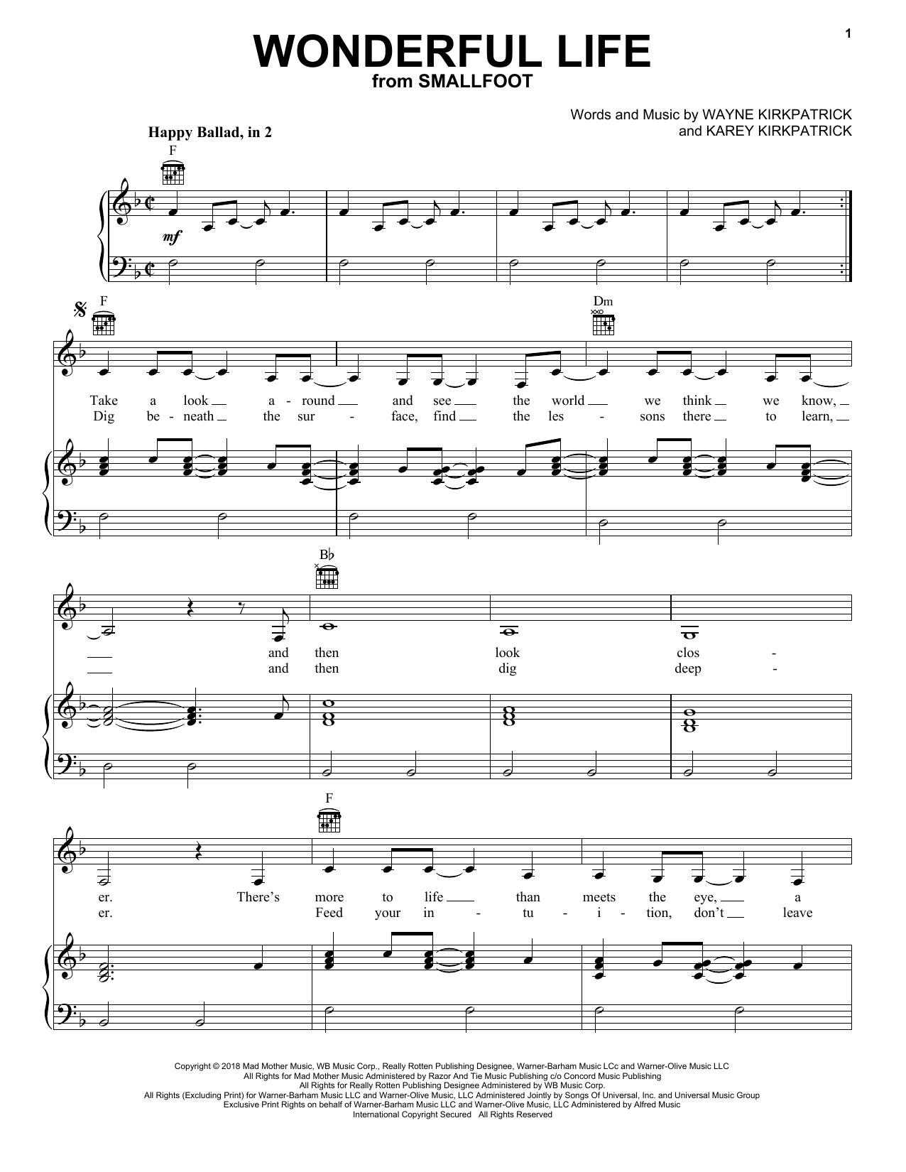 Zendaya Wonderful Life (from Smallfoot) Sheet Music Notes & Chords for Piano, Vocal & Guitar Chords (Right-Hand Melody) - Download or Print PDF