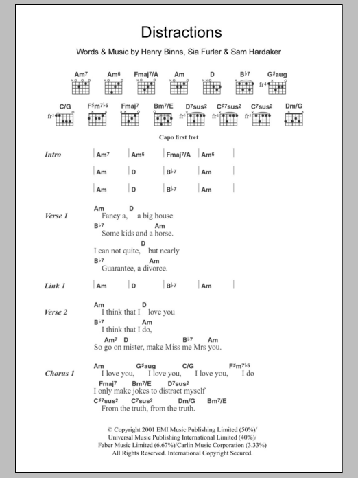 Zero 7 Distractions Sheet Music Notes & Chords for Lyrics & Chords - Download or Print PDF