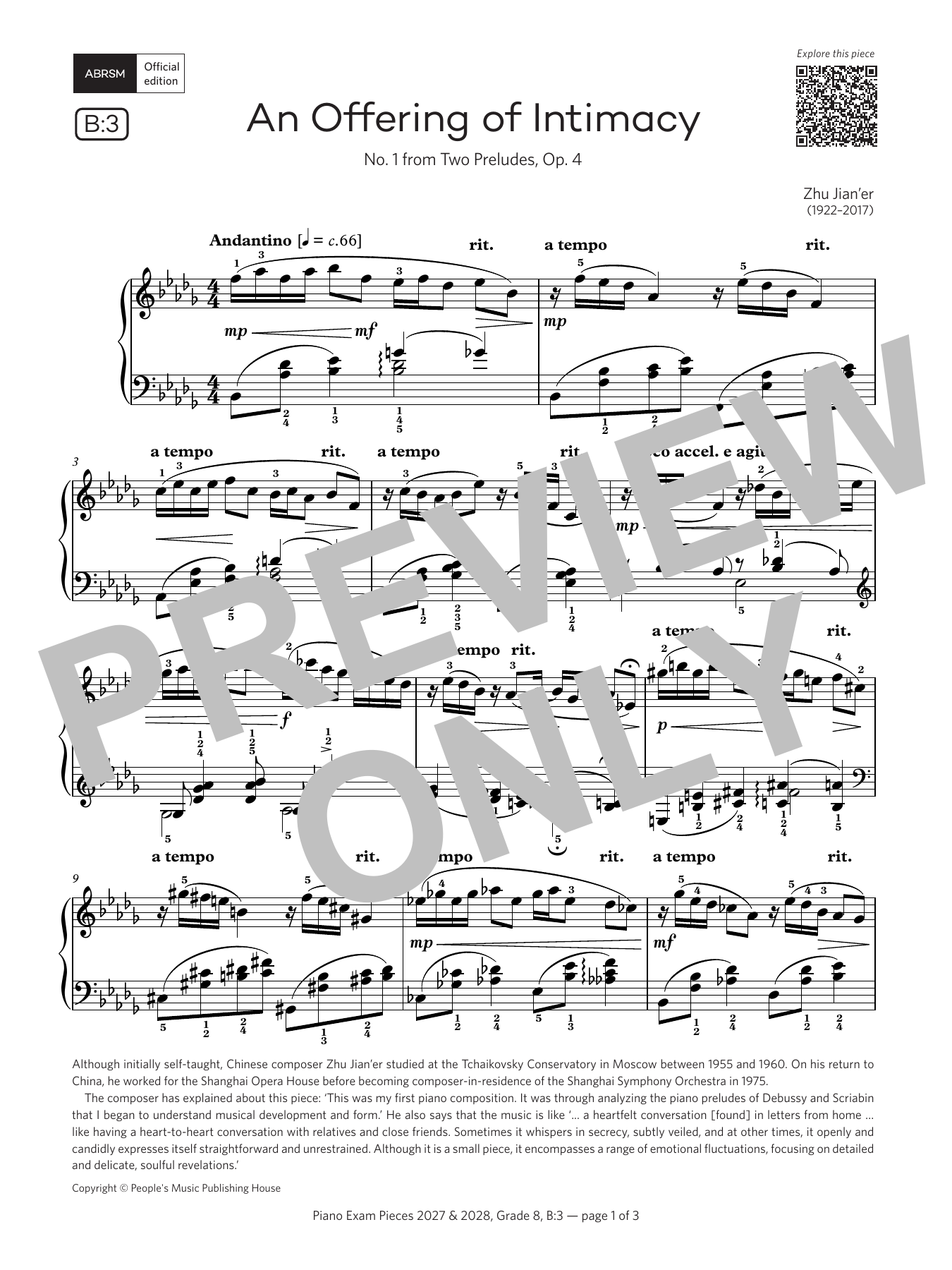 Zhu Jian'er An Offering of Intimacy (Grade 8, list B3, from the ABRSM Piano Syllabus 2027 & 2028) Sheet Music Notes & Chords for Piano Solo - Download or Print PDF