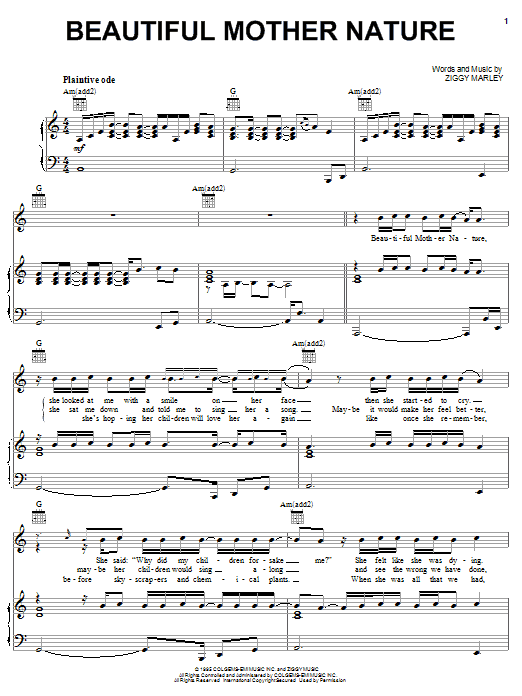 Ziggy Marley Beautiful Mother Nature Sheet Music Notes & Chords for Piano, Vocal & Guitar (Right-Hand Melody) - Download or Print PDF