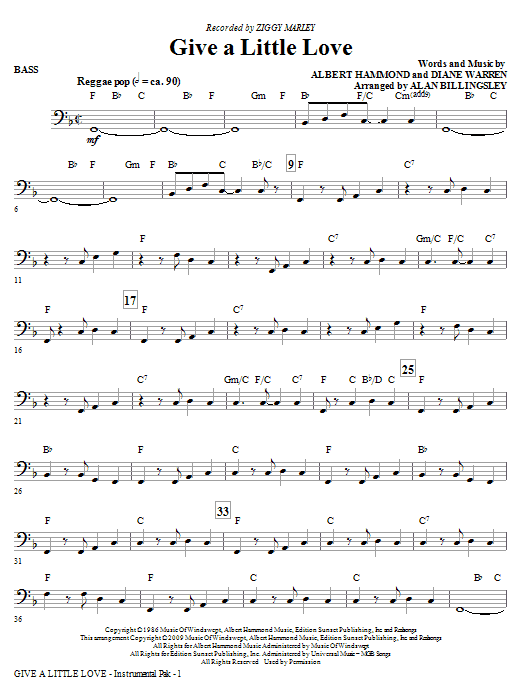 Ziggy Marley Give A Little Love (arr. Alan Billingsley) - Bass Sheet Music Notes & Chords for Choir Instrumental Pak - Download or Print PDF
