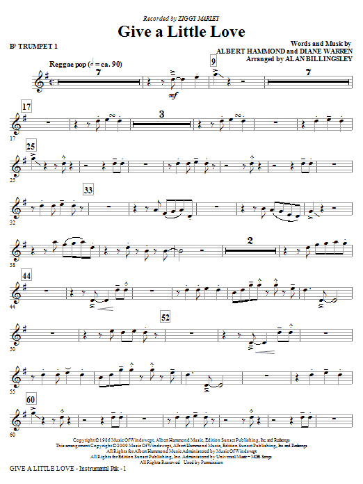 Ziggy Marley Give A Little Love (arr. Alan Billingsley) - Bb Trumpet 1 Sheet Music Notes & Chords for Choir Instrumental Pak - Download or Print PDF