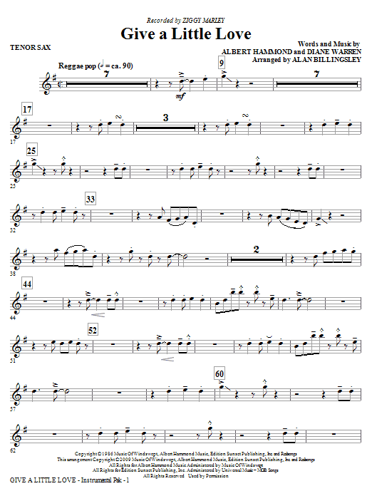Ziggy Marley Give A Little Love (arr. Alan Billingsley) - Tenor Sax Sheet Music Notes & Chords for Choir Instrumental Pak - Download or Print PDF
