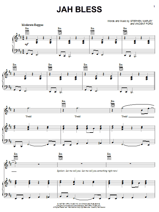 Ziggy Marley Jah Bless Sheet Music Notes & Chords for Piano, Vocal & Guitar (Right-Hand Melody) - Download or Print PDF