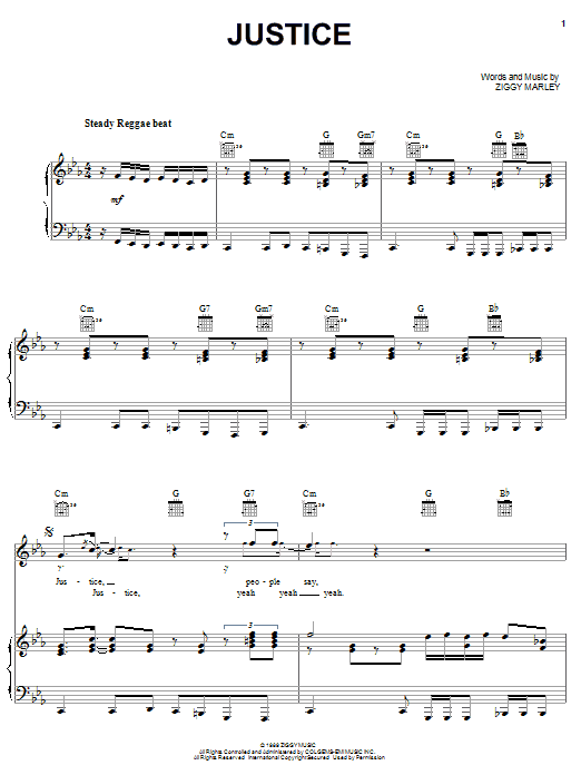 Ziggy Marley Justice Sheet Music Notes & Chords for Piano, Vocal & Guitar (Right-Hand Melody) - Download or Print PDF