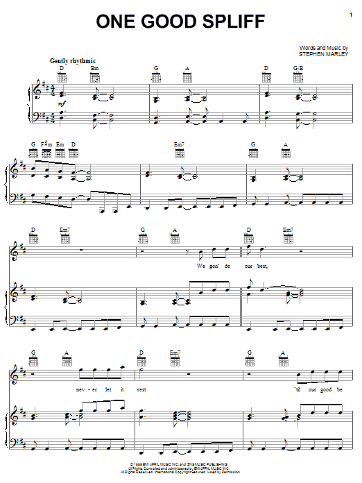 Ziggy Marley One Good Spliff Sheet Music Notes & Chords for Piano, Vocal & Guitar (Right-Hand Melody) - Download or Print PDF