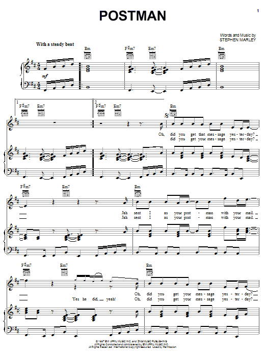 Ziggy Marley Postman Sheet Music Notes & Chords for Piano, Vocal & Guitar (Right-Hand Melody) - Download or Print PDF