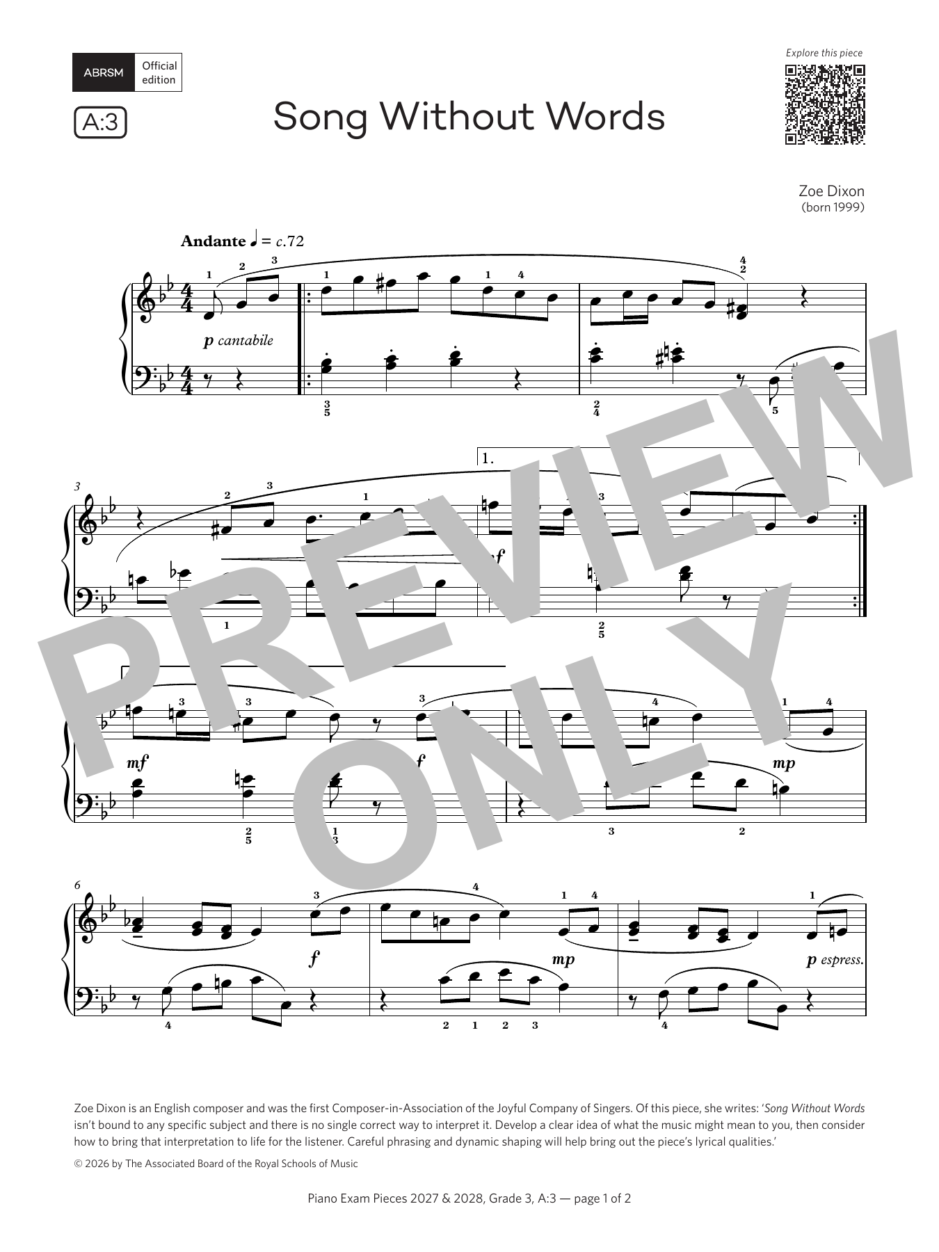Zoe Dixon Song Without Words (Grade 3, list A3, from the ABRSM Piano Syllabus 2027 & 2028) Sheet Music Notes & Chords for Piano Solo - Download or Print PDF