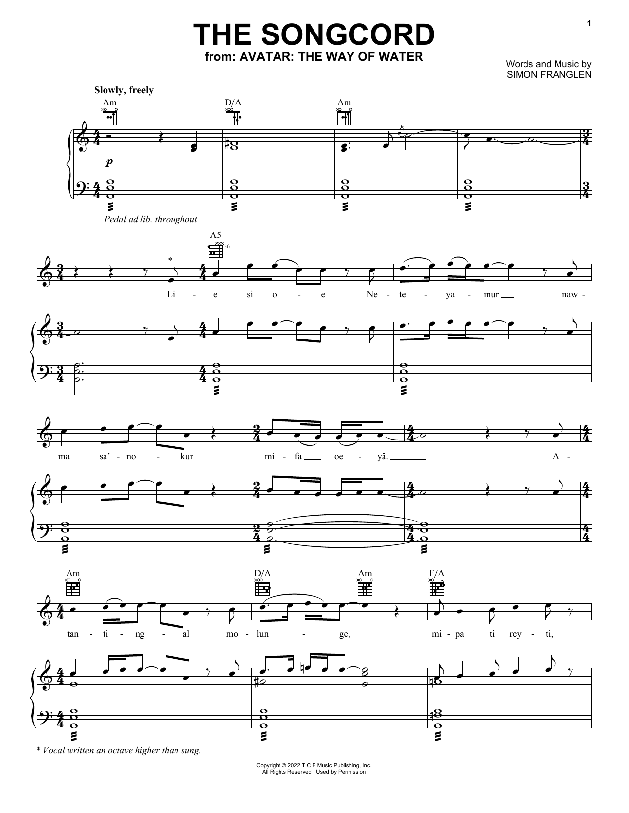Zoe Saldana The Songcord (from Avatar: The Way Of Water) Sheet Music Notes & Chords for Piano, Vocal & Guitar Chords (Right-Hand Melody) - Download or Print PDF