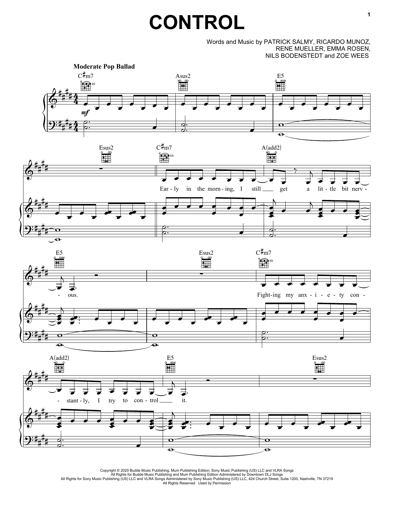 Zoe Wees Control Sheet Music Notes & Chords for Piano, Vocal & Guitar (Right-Hand Melody) - Download or Print PDF