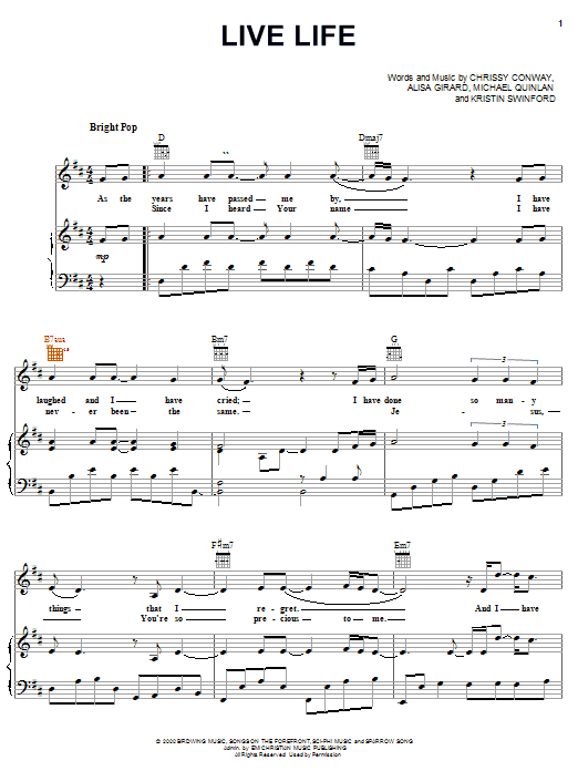 ZOEgirl Live Life Sheet Music Notes & Chords for Piano, Vocal & Guitar (Right-Hand Melody) - Download or Print PDF