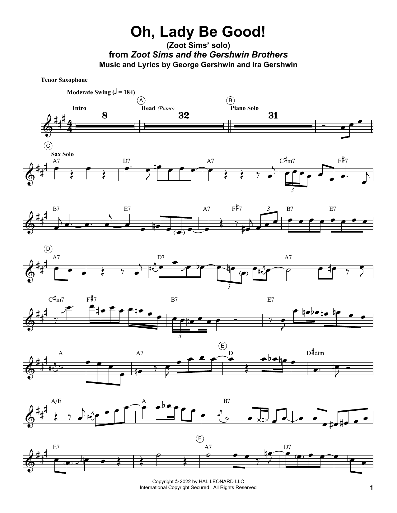 Zoot Sims Oh, Lady Be Good! Sheet Music Notes & Chords for Tenor Sax Transcription - Download or Print PDF