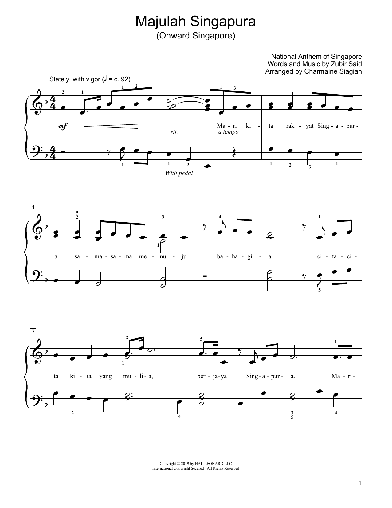 Zubir Said Onward Singapore (Majulah Singapura) (arr. Charmaine Siagian) Sheet Music Notes & Chords for Educational Piano - Download or Print PDF
