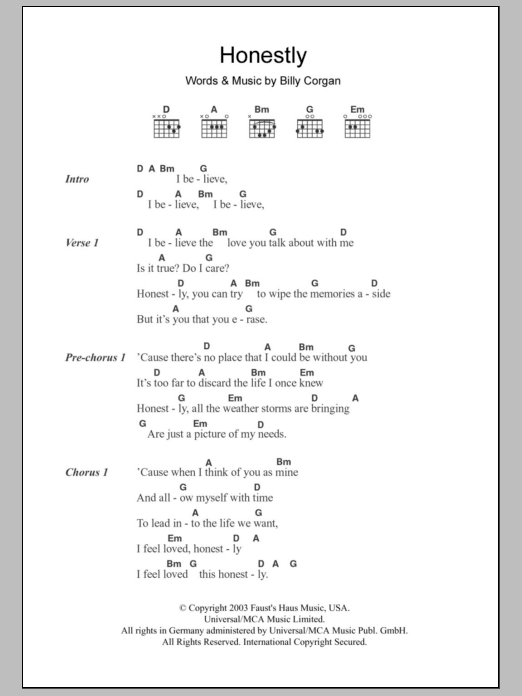 Zwan Honestly Sheet Music Notes & Chords for Lyrics & Chords - Download or Print PDF