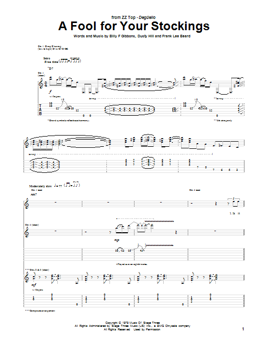 ZZ Top A Fool For Your Stockings Sheet Music Notes & Chords for Guitar Tab - Download or Print PDF