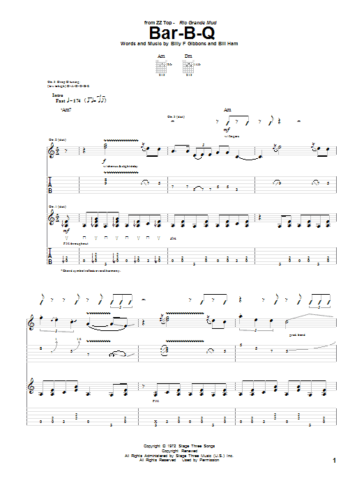 ZZ Top Bar-B-Q Sheet Music Notes & Chords for Guitar Tab - Download or Print PDF