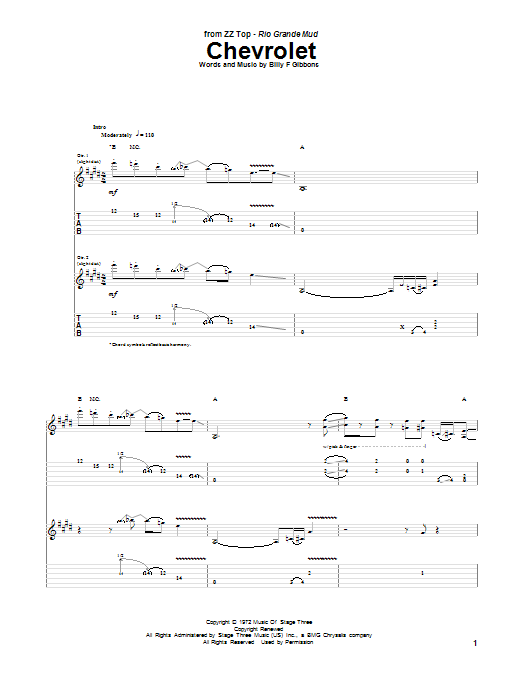 ZZ Top Chevrolet Sheet Music Notes & Chords for Guitar Tab - Download or Print PDF