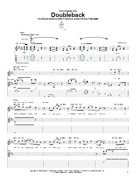 ZZ Top Doubleback Sheet Music Notes & Chords for Piano, Vocal & Guitar (Right-Hand Melody) - Download or Print PDF