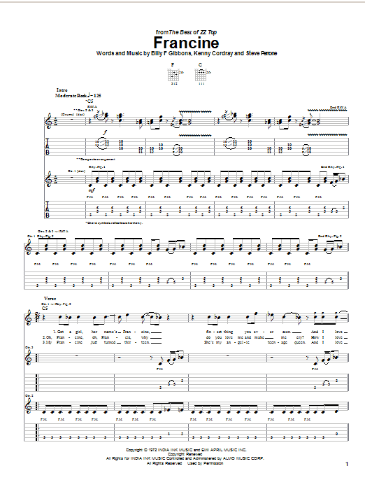 ZZ Top Francine Sheet Music Notes & Chords for Guitar Tab - Download or Print PDF