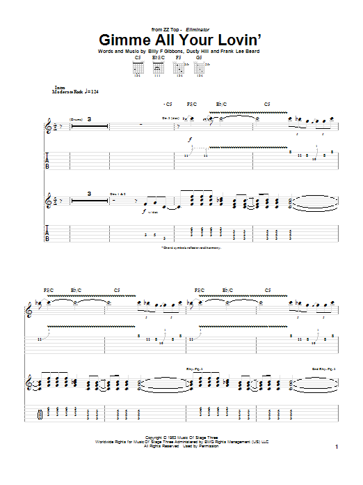 ZZ Top Gimme All Your Lovin' Sheet Music Notes & Chords for Bass Guitar Tab - Download or Print PDF