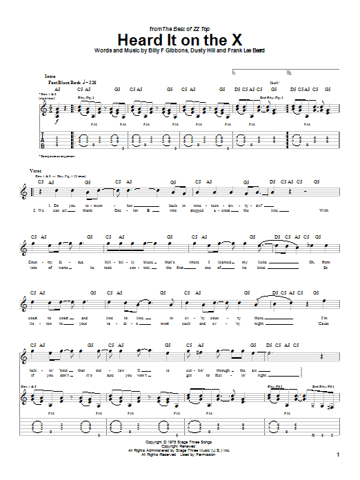 ZZ Top Heard It On The X Sheet Music Notes & Chords for Guitar Tab - Download or Print PDF