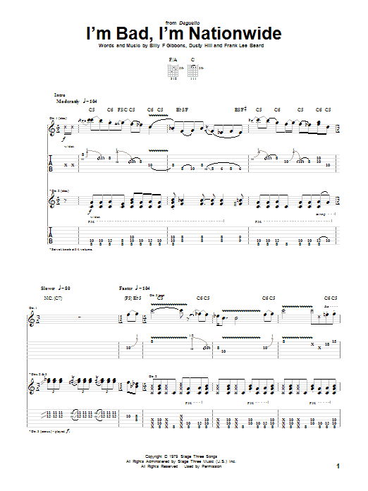 ZZ Top I'm Bad, I'm Nationwide Sheet Music Notes & Chords for Bass Guitar Tab - Download or Print PDF