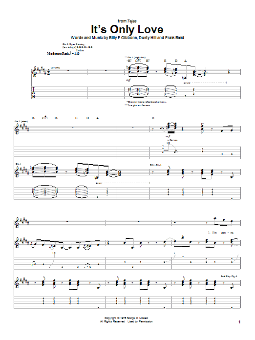 ZZ Top It's Only Love Sheet Music Notes & Chords for Easy Guitar Tab - Download or Print PDF
