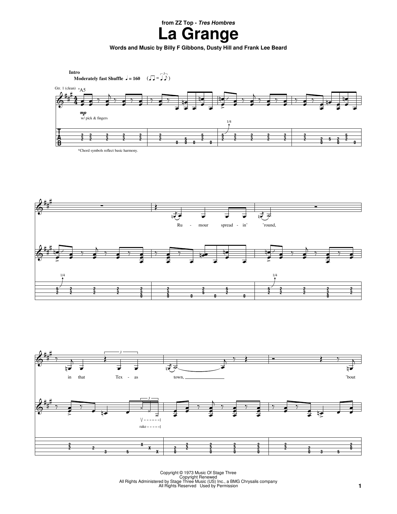 ZZ Top La Grange Sheet Music Notes & Chords for Lyrics & Chords - Download or Print PDF