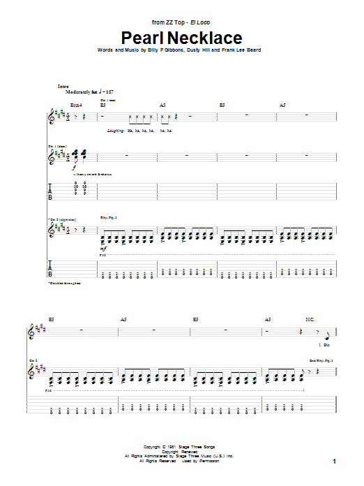 ZZ Top Pearl Necklace Sheet Music Notes & Chords for Guitar Tab - Download or Print PDF