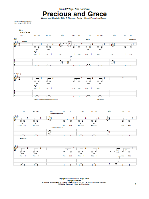ZZ Top Precious And Grace Sheet Music Notes & Chords for Guitar Tab - Download or Print PDF