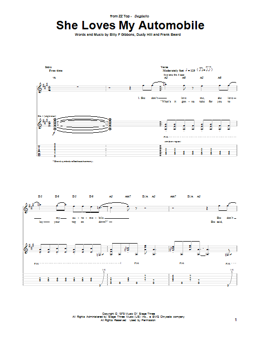 ZZ Top She Loves My Automobile Sheet Music Notes & Chords for Guitar Tab - Download or Print PDF