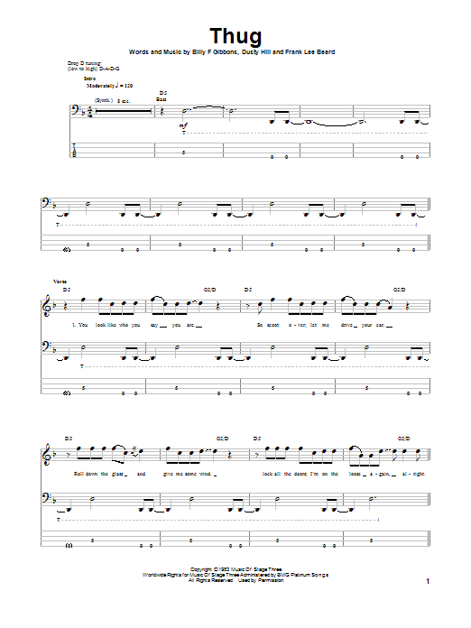 ZZ Top Thug Sheet Music Notes & Chords for Bass Guitar Tab - Download or Print PDF