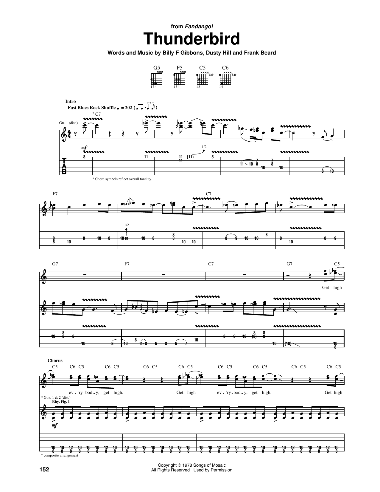 ZZ Top Thunderbird Sheet Music Notes & Chords for Guitar Tab - Download or Print PDF