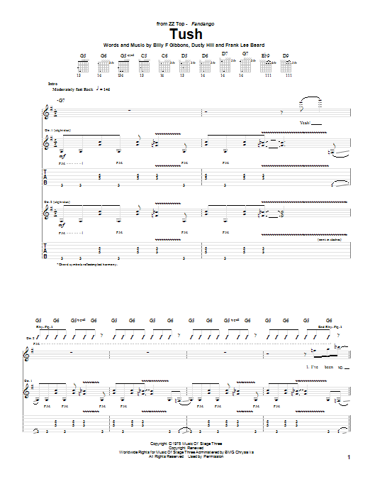 ZZ Top Tush Sheet Music Notes & Chords for Bass Guitar Tab - Download or Print PDF