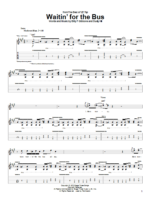 ZZ Top Waitin' For The Bus Sheet Music Notes & Chords for Guitar Tab - Download or Print PDF