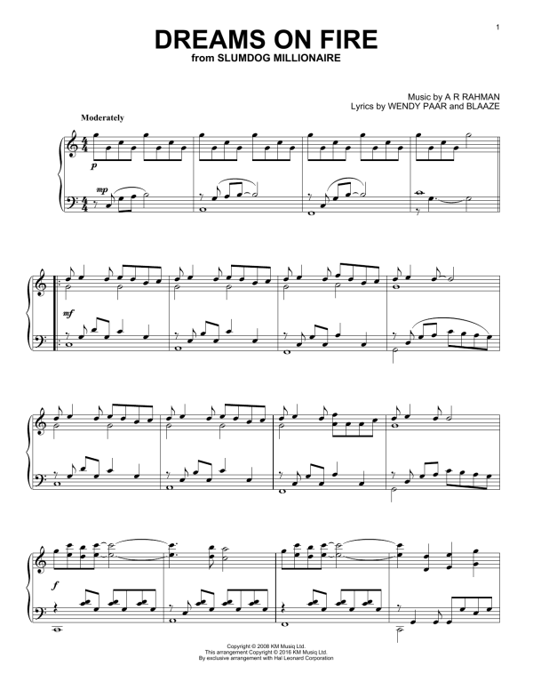 A R Rahman Dreams On Fire Musik Noten - Piano Solo - 163583-0