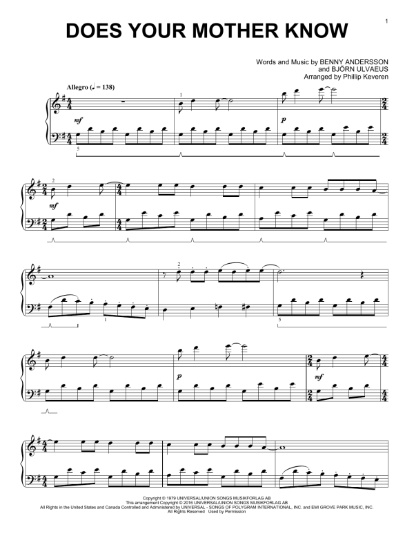 ABBA Does Your Mother Know (arr. Phillip Keveren) Musik Noten - Piano Solo - 164856-0