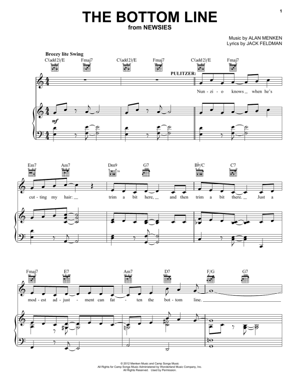Alan Menken The Bottom Line Musik Noten - Piano, Vocal & Guitar Chords - 91571-0