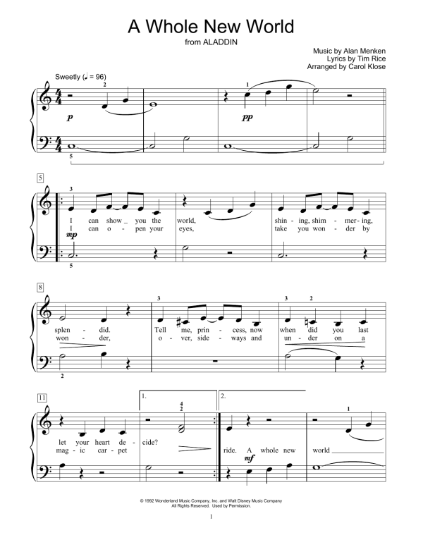 Alan Menken & Tim Rice A Whole New World (from Aladdin) (arr. Carol Klose) Musik Noten - Educational Piano - 53567-0