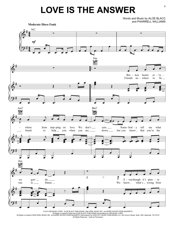 Aloe Blacc Love Is The Answer Musik Noten - Piano, Vocal & Guitar Chords - 155356-0