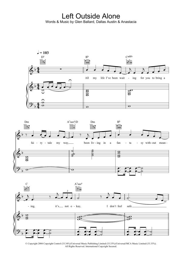 Anastacia Left Outside Alone Musik Noten - Piano, Vocal & Guitar Chords - 28002-0