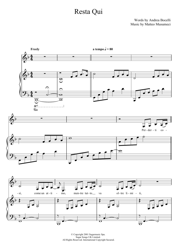 Andrea Bocelli Resta Qui Musik Noten - Piano, Vocal & Guitar Chords - 121844-0
