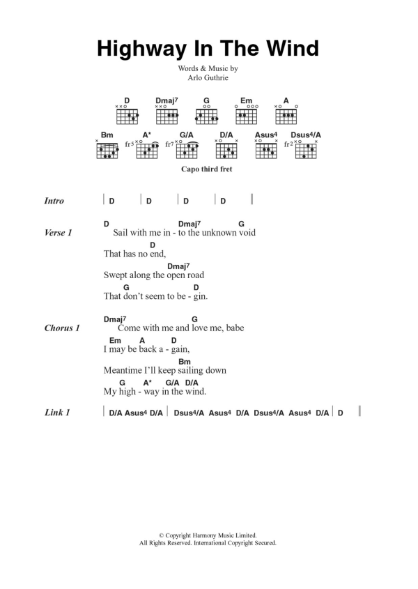 Arlo Guthrie Highway In The Wind Musik Noten - Guitar Chords/Lyrics - 100452-0